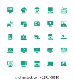 desktop icon set. Collection of 25 filled desktop icons included Laptop, Computer, Graphic tablet, Screen, Desk lamp, Devices, Densitometer, Personal computer, Desk, Keyboard