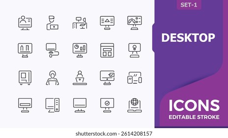 Desktop icon set. Contains such icons as technology, equipment, electronic, pc, notebook, laptop and more. Computer icon set. Minimalist icons collection. Pixel perfect. Vector illustration.