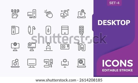 Desktop icon set. Contains such icons as technology, equipment, electronic, pc, notebook, laptop and more. Computer icon set. Minimalist icons collection. Pixel perfect. Vector illustration.