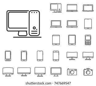 Desktop icon in set on the white background. 
Set of thin, linear and modern electronic equipment icons.
Universal linear icons to use in web and mobile app.