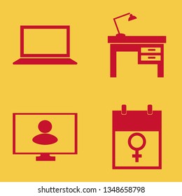 desktop icon set with person monitor, lamp on desk and laptop vector illustration