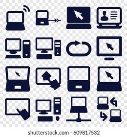 Desktop icons set. set of 16 desktop filled icons such as laptop connection, finger on tablet, laptop, reload replay, pc, home on tablet
