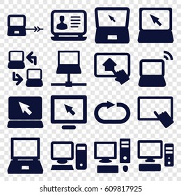 Desktop icons set. set of 16 desktop filled icons such as laptop connection, finger on tablet, laptop, reload replay, pc, home on tablet