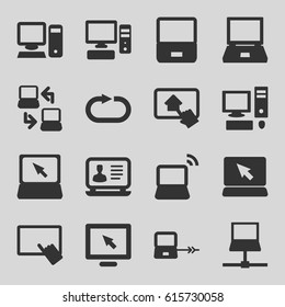 Desktop icons set. set of 16 desktop filled icons such as laptop connection, finger on tablet, laptop, reload replay, pc, home on tablet