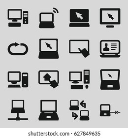 Desktop icons set. set of 16 desktop filled icons such as laptop connection, finger on tablet, laptop, reload replay, pc, home on tablet