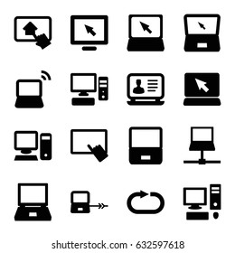 Desktop icons set. set of 16 desktop filled icons such as laptop connection, finger on tablet, laptop, reload replay, pc, home on tablet