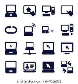 Desktop icons set. set of 16 desktop filled icons such as laptop connection, finger on tablet, laptop, reload replay, pc, home on tablet