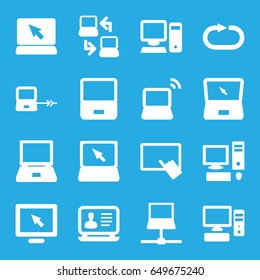 Desktop icons set. set of 16 desktop filled icons such as laptop connection, finger on tablet, laptop, reload replay, pc