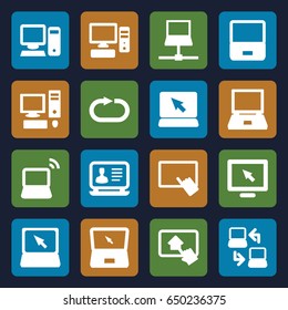 Desktop icons set. set of 16 desktop filled icons such as finger on tablet, laptop, reload replay, pc, home on tablet, laptop connection