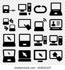 Desktop icons set. set of 16 desktop filled icons such as laptop connection, finger on tablet, laptop, reload replay, pc, home on tablet