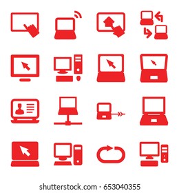 Desktop icons set. set of 16 desktop filled icons such as laptop connection, finger on tablet, laptop, reload replay, pc, home on tablet