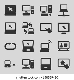 Desktop icons set. set of 16 desktop filled icons such as laptop connection, finger on tablet, laptop, reload replay, pc, home on tablet