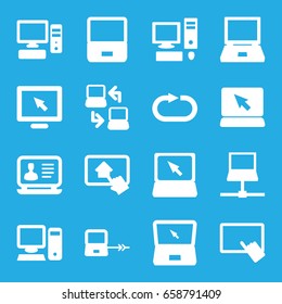 Desktop icons set. set of 16 desktop filled icons such as laptop connection, finger on tablet, laptop, reload replay, pc, home on tablet