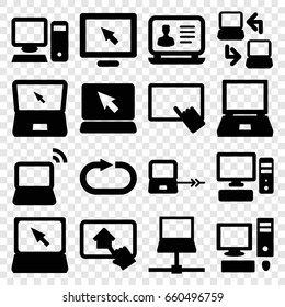 Desktop icons set. set of 16 desktop filled icons such as laptop connection, finger on tablet, laptop, reload replay, pc, home on tablet