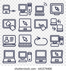 Desktop icons set. set of 16 desktop outline icons such as laptop connection, finger on tablet, laptop, reload replay, pc, home on tablet