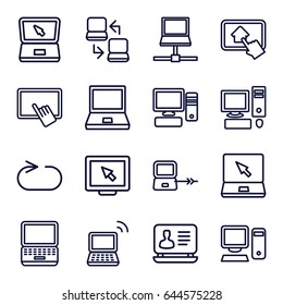 Desktop icons set. set of 16 desktop outline icons such as laptop connection, finger on tablet, laptop, reload replay, pc, home on tablet