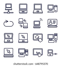 Desktop icons set. set of 16 desktop outline icons such as laptop connection, finger on tablet, laptop, reload replay, pc