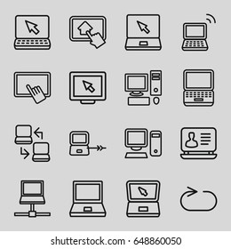 Desktop icons set. set of 16 desktop outline icons such as laptop connection, finger on tablet, laptop, reload replay, pc, home on tablet