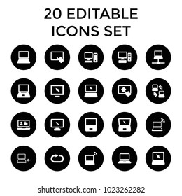 Desktop icons. set of 20 editable filled desktop icons such as finger on tablet, display, laptop, reload replay, pc. best quality desktop elements in trendy style.