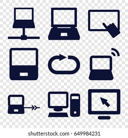 Desktop icons set. set of 9 desktop filled icons such as laptop connection, finger on tablet, laptop, reload replay, pc
