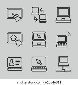 Desktop icons set. set of 9 desktop outline icons such as finger on tablet, laptop, home on tablet