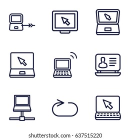 Desktop icons set. set of 9 desktop outline icons such as laptop connection, laptop, reload replay