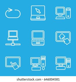 Desktop icons set. set of 9 desktop outline icons such as finger on tablet, laptop, reload replay, pc
