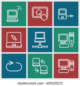 Desktop icons set. set of 9 desktop outline icons such as laptop connection, laptop, reload replay, pc
