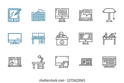 desktop icons set. Collection of desktop with computer, laptop, desk, monitor, screen, desk lamp, keyboard, tablet. Editable and scalable desktop icons.