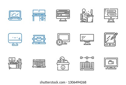 desktop icons set. Collection of desktop with monitoring, keyboard, desk, laptop, tablet, monitor, computer, screen. Editable and scalable desktop icons.