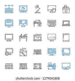 desktop icons set. Collection of desktop with screen, desk, laptop, graphic tablet, computer, tablet, monitor, desk lamp, monitoring, keyboard. Editable and scalable desktop icons.