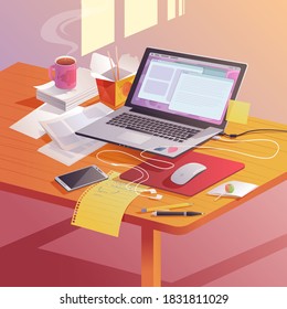 Ilustración de escritorio con equipo portátil y elementos