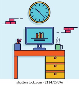 Desktop Illustration, PC and Computer Illustration, Work place, Work Station, Working Time. A desk with computer clock wall tea coffee stationery. 