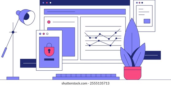 Desktop Interface With Security Lock And Analytics Graphs In Flat Vector Illustration Symbolizing Data Security, Digital Protection, And Technology, Isolated On White Background.