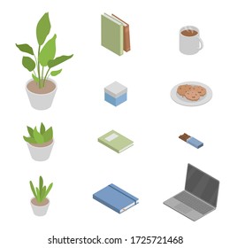 Desktop items isometric flat vector illustrations set. Laptop, books, plants, coffee, chocolate, cookies, box.