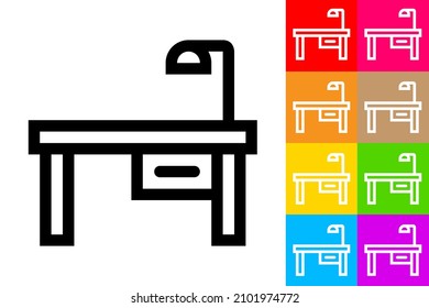Desktop with Lamp. Line Icon With Different Color Background.