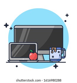 Desktop Laptop and apple with Coffee Vector Illustration