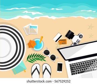 Desktop with laptop, camera, sunglasses, credit cards, hat, slippers, cocktail, mobile, camera, pictures and credit cards on sand. Top view. Flat vector illustration. Work and rest. Freelance