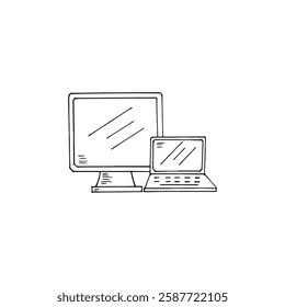 Desktop and laptop computer hand-drawn doodle cartoon tech vector Illustration.