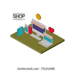 desktop and laptop computer and smartphone and shopping bags over green floor and heart and coin on top colorful poster isometric shop online vector illustration