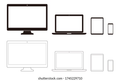 Desktop and laptop computer, tablet and mobile phone, communication tools simple illustration