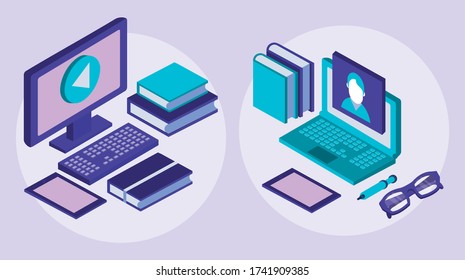 desktop and laptop education online tech vector illustration design
