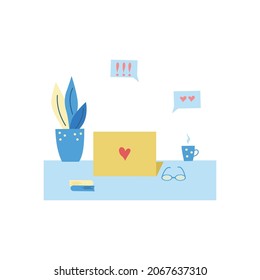 A desktop with a laptop, a flower, books and a mug. Flat vector illustration.