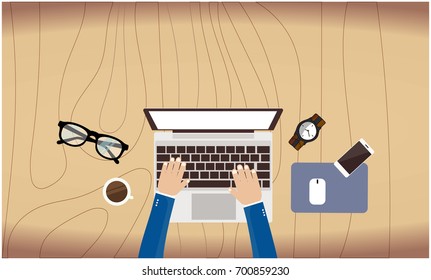 Desktop with laptop, mobile, glasses, coffee and freelancer's hands. Freelance. Office work. Wood background. Top view. Vector flat illustration. Space for your text.