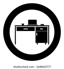Desktop with laptop phone and tea mug Business stuff on table icon in circle round black color vector illustration flat style image