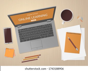 Desktop with laptop and school supplies. Online learning website page in computer screen. Distance e-learning education, digital school. Modern technologies in education. Top view. Vector illustration