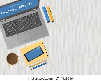 Desktop with laptop and school supplies. Online learning website page in computer screen. Distance e-learning education, digital school. Top view with copy space, flat lay. Vector illustration