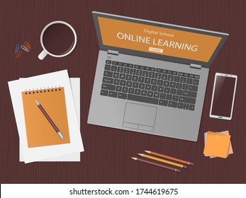 Desktop with laptop and school supplies. Online learning website page in computer screen. Distance e-learning education, digital school. Modern technologies in education. Flat lay. Vector illustration