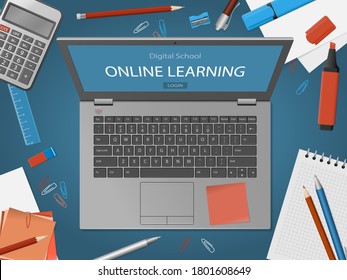 Desktop with laptop and school supplies. Online learning website page in computer screen. Distance e-learning education, digital school. Modern technologies in education. Flat lay. Vector illustration