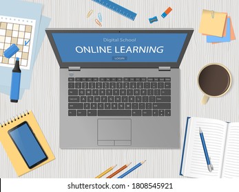 Desktop with laptop and school supplies. Online learning website page in computer screen. Distance e-learning education, digital school. Modern technologies in education. Flat lay. Vector illustration